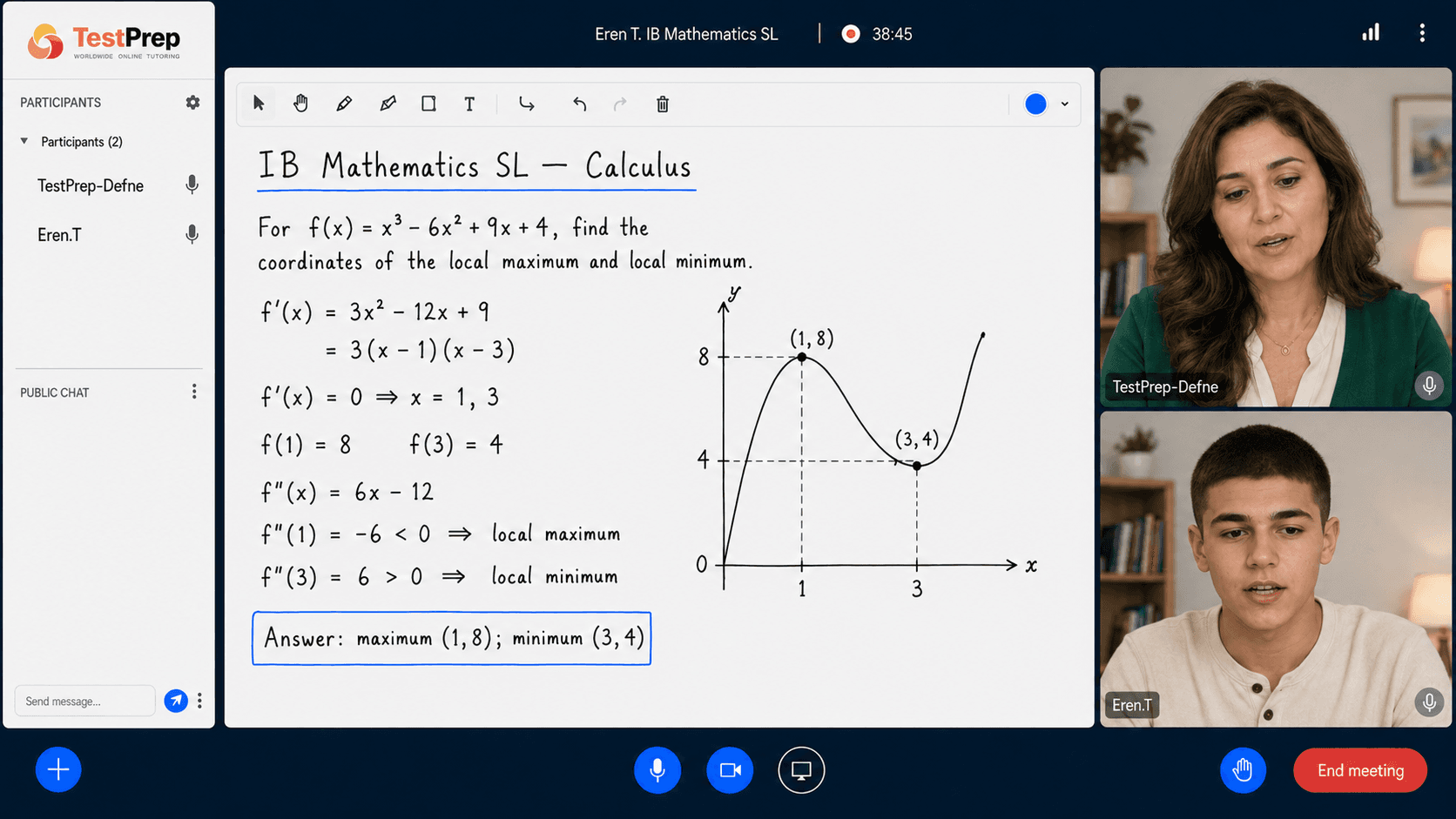 IB Mathematics SL dersinde tahtada türev kullanılarak yerel maksimum ve minimum noktalarının adım adım bulunuşu