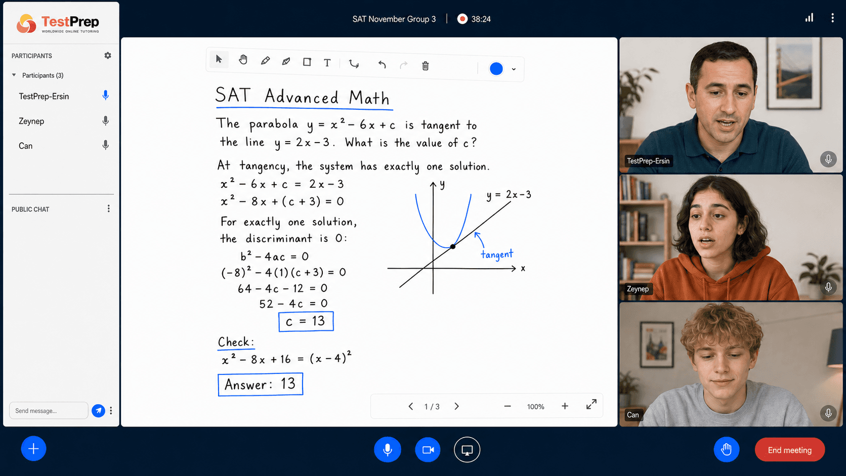 SAT grup dersinde tahtada bir SAT Advanced Math teğet doğru sorusunun diskriminantla adım adım çözümü