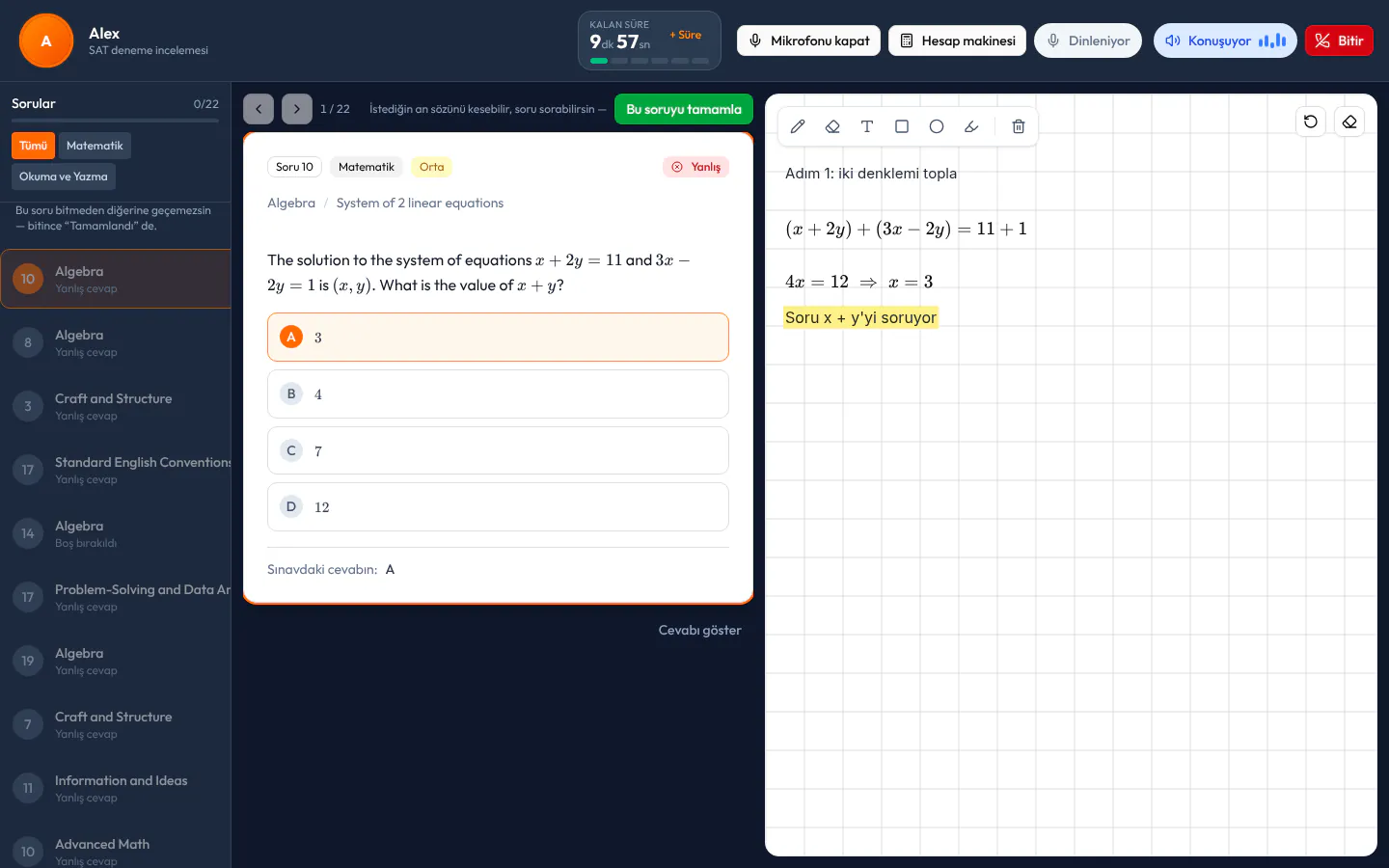 AI Tutor ders ekranı: solda yanlış ve boş bırakılan sorular, ortada bir SAT Math sorusu (x + 2y = 11 ve 3x − 2y = 1 sisteminde x + y), sağda AI Tutor'un tahtaya alt alta yazdığı adımlar.